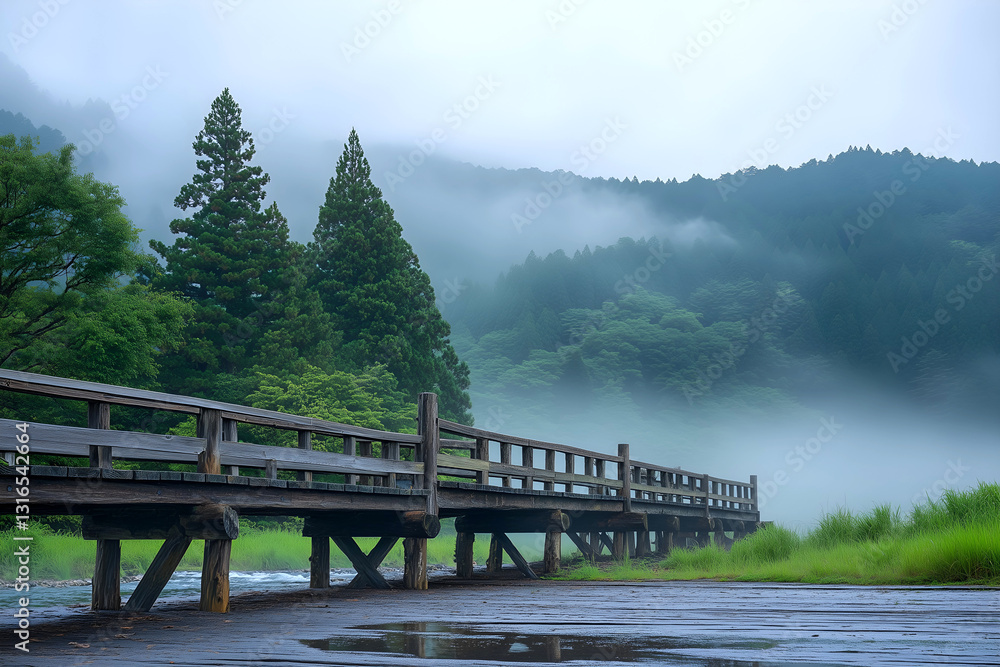 Wooden Bridge Over Misty River in Lush Forested Mountains, Serene Nature Landscape Photography