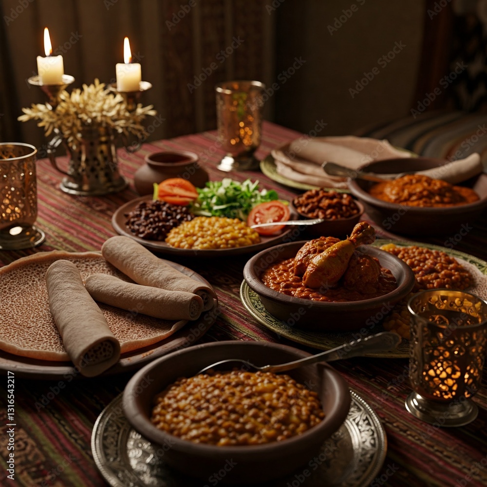 Ethiopian Iftar table featuring injera bread, doro wat (spiced chicken stew), and lentil-based dishes served in traditional clay bowls. A warm, candlelit setting enhances the atmosphere. Ethiopian Iftar table featuring injera bread, doro wat (spiced chicken stew), and lentil-based dishes served in traditional clay bowls. A warm, candlelit setting enhances the atmosphere.