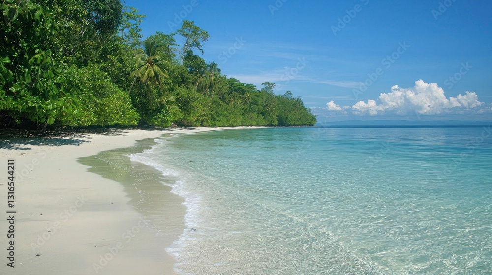 Secluded tropical beach with white sand, turquoise water, and lush green vegetation. Secluded tropical beach with white sand, turquoise water, and lush green vegetation.