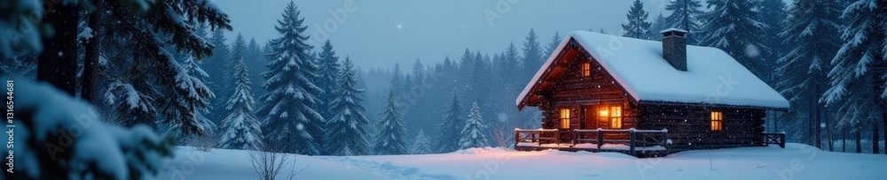 Naklejka premium Snowflakes gently falling on the cabin's roof and chimney, forest, serene, quiet