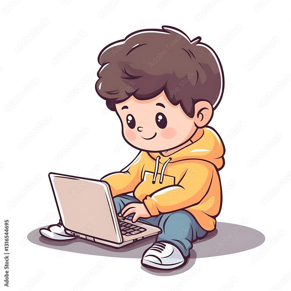 Cute Boy Using Laptop, Cartoon Illustration, Child Online Learning Cute Boy Using Laptop, Cartoon Illustration, Child Online Learning