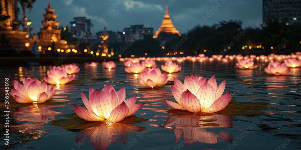 Obraz premium Illuminated flowers and lights on the water create a serene evening scene at this iconic location.