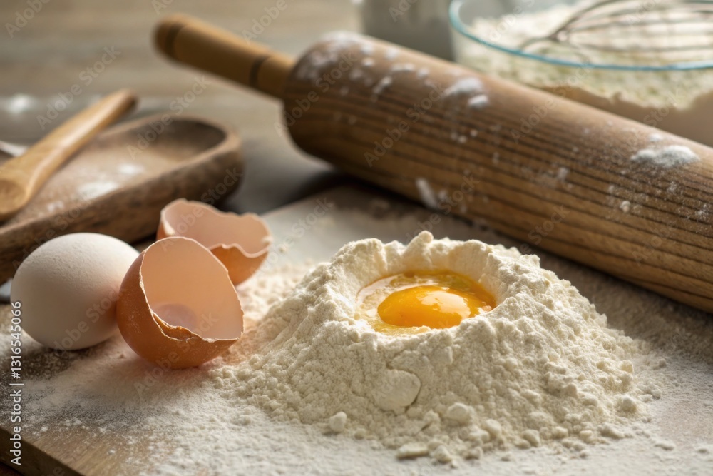 Baking preparation with flour, eggs, and a rustic rolling pin. Baking preparation with flour, eggs, and a rustic rolling pin.