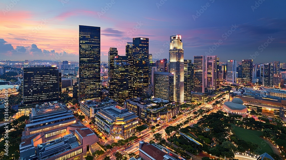 Naklejka premium Bright city lights illuminate the skyline as the sun sets, highlighting towering buildings and active streets in a vibrant urban landscape by twilight.