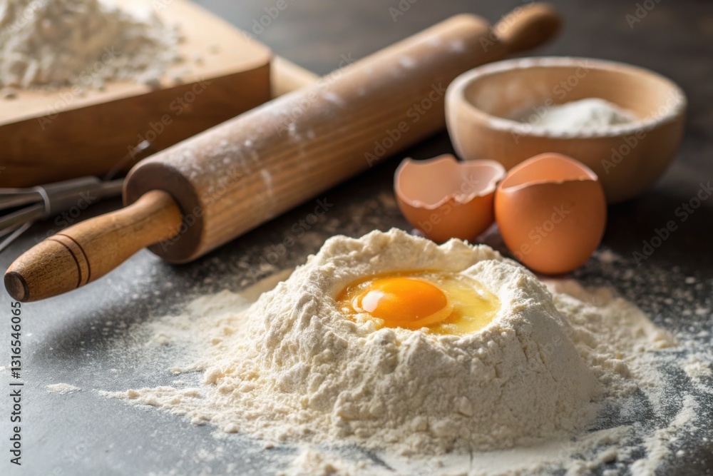 Baking essentials: egg, flour, rolling pin, cracked eggs, dark table. Baking essentials: egg, flour, rolling pin, cracked eggs, dark table.