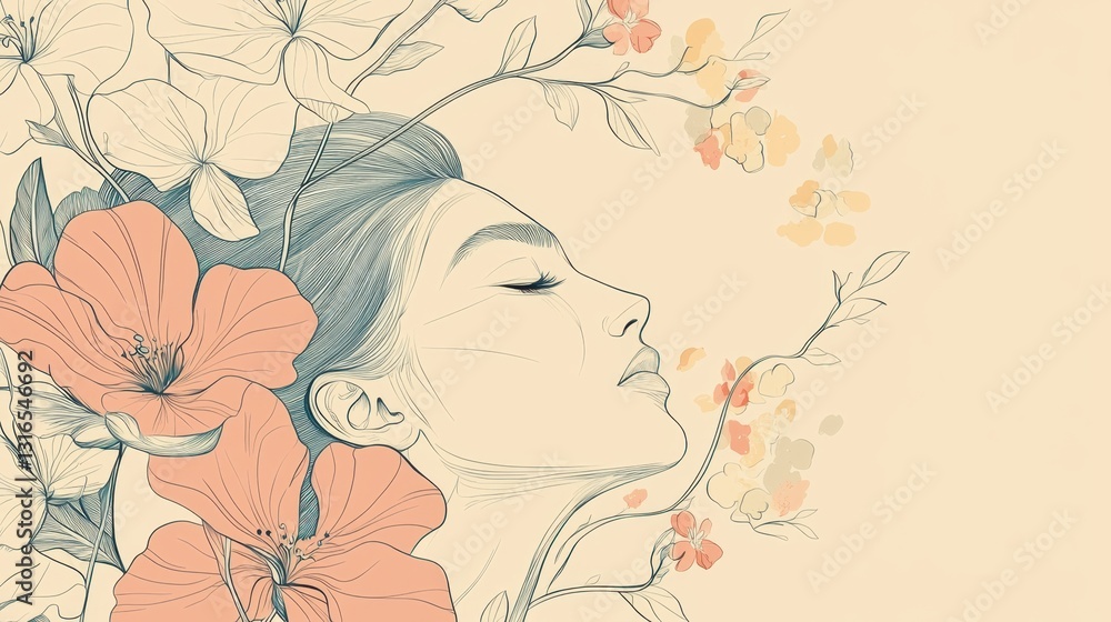 A woman with closed eyes is depicted in a soft sketch, surrounded by blooming flowers and graceful lines, evoking a sense of peace and connection with nature. A woman with closed eyes is depicted in a soft sketch, surrounded by blooming flowers and graceful lines, evoking a sense of peace and connection with nature.