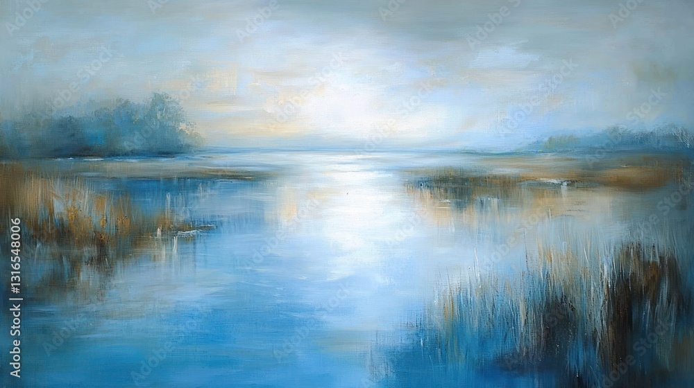 Fototapeta premium Serene lakeside landscape painting with tranquil water, reeds, and soft light.