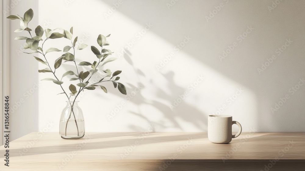 Simple, sunlit workspace with a subtle plant and coffee Simple, sunlit workspace with a subtle plant and coffee