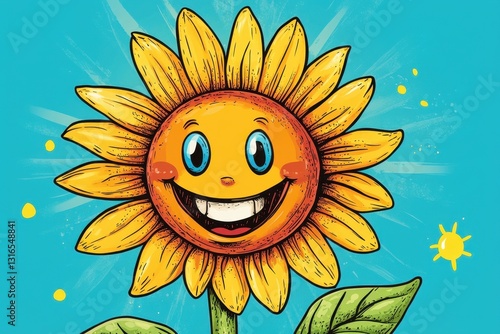 A cartoon sunflower with a smiling face and radiant background