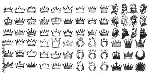 Set of Hand drawn doodle King crown sketches or majestic tiara, queen royal diadems. Line art Hand drawn doodle set of grunge crayon, charcoal, chalk crown isolated icon. Scribble line sketches of kin