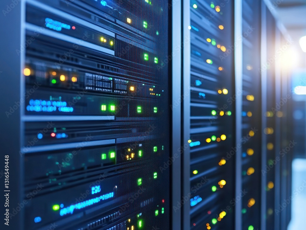 A close-up view of a modern data center showcasing rows of servers with illuminated indicators, reflecting advanced technology and efficient data processing A close-up view of a modern data center showcasing rows of servers with illuminated indicators, reflecting advanced technology and efficient data processing
