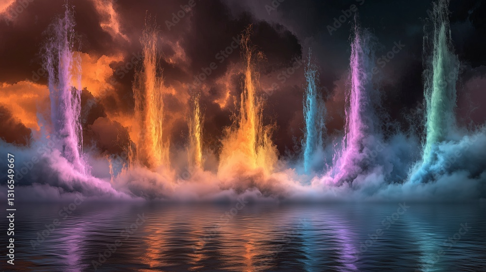 Fototapeta premium Vibrant water fountains illuminated against a dramatic sky.