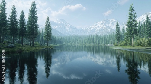 Serene mountain lake reflecting snow-capped peaks and pine forest.