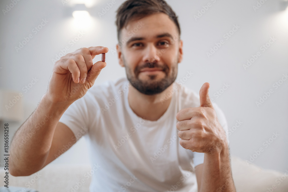 Positive smiling man is sitting holding pill, conception of medicine Positive smiling man is sitting holding pill, conception of medicine
