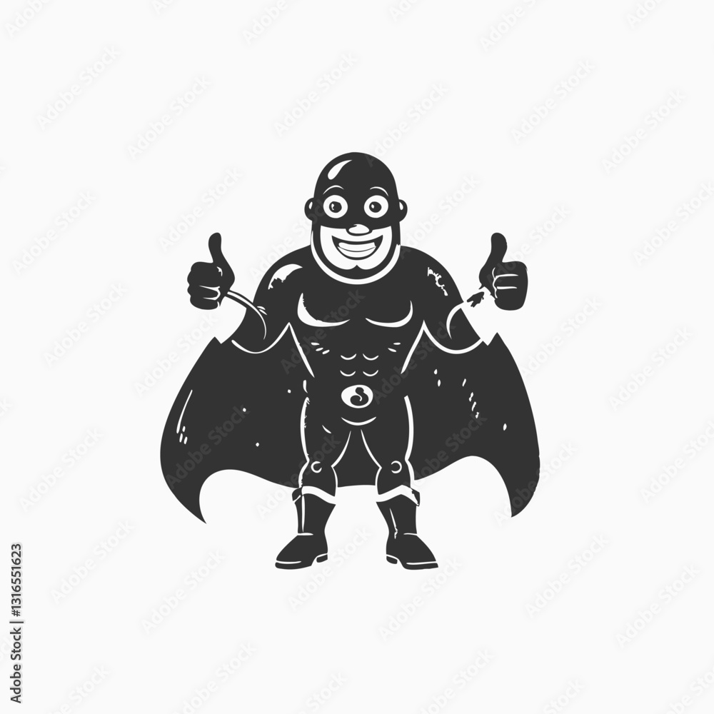 Black silhouette cartoon superhero wearing a mask is standing with thumb up and friendly smile Isolated vector illustration Black silhouette cartoon superhero wearing a mask is standing with thumb up and friendly smile Isolated vector illustration