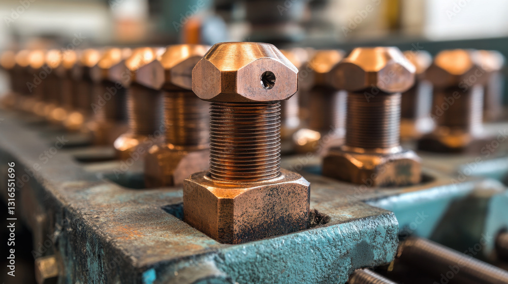 A row of copper electrical bundle bolts shows their design and functionality in industrial applications for connections and assemblies A row of copper electrical bundle bolts shows their design and functionality in industrial applications for connections and assemblies