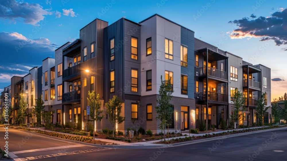 Obraz premium Modern apartment building at dusk. (1)