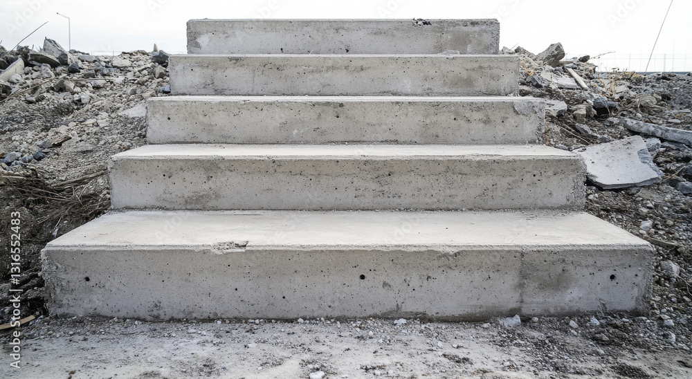 Well-defined, clean concrete stairs emerge from debris, indicating a pathway in a partially developed area under a cloudy sky Well-defined, clean concrete stairs emerge from debris, indicating a pathway in a partially developed area under a cloudy sky