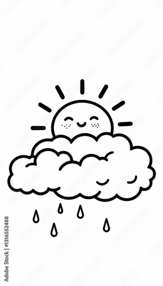 Smiling sun peeking through clouds with raindrops in an outline for coloring and copy space
