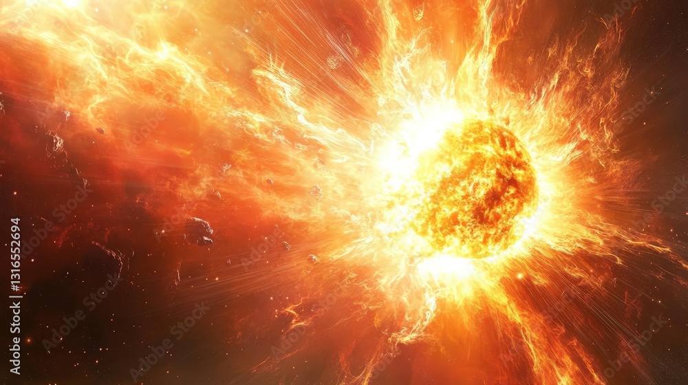 Fiery Cosmic Explosion Depicting a Star's Supernova with Intense Yellow and Orange Radiance Surrounded by Glowing Gas and Particles in Space Fiery Cosmic Explosion Depicting a Star's Supernova with Intense Yellow and Orange Radiance Surrounded by Glowing Gas and Particles in Space