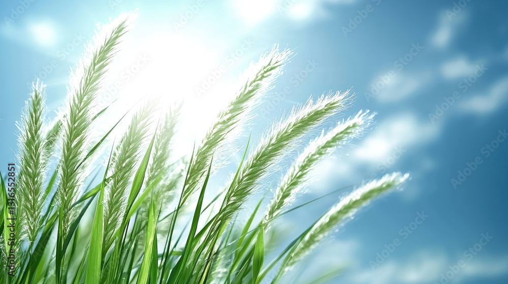 Lush Green Grass Glowing Under Bright Sunlight With Soft Blue Sky Filled With Fluffy Clouds In A Serene Outdoor Setting Lush Green Grass Glowing Under Bright Sunlight With Soft Blue Sky Filled With Fluffy Clouds In A Serene Outdoor Setting