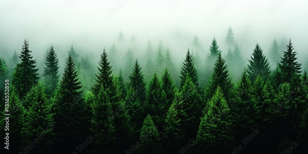 Fototapeta premium Aerial photography of a vast forest covered in morning mist, with sunlight piercing through the fog