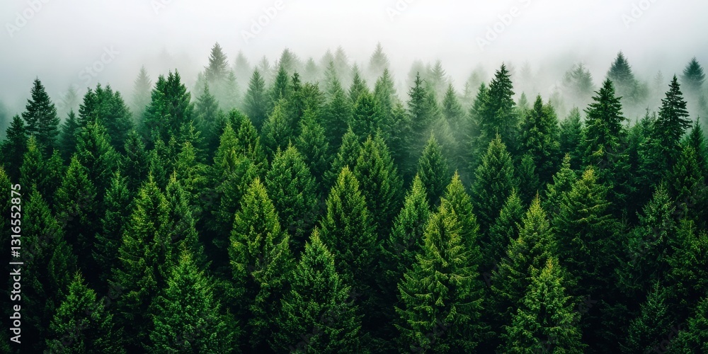 Fototapeta premium Aerial photography of a vast forest covered in morning mist, with sunlight piercing through the fog