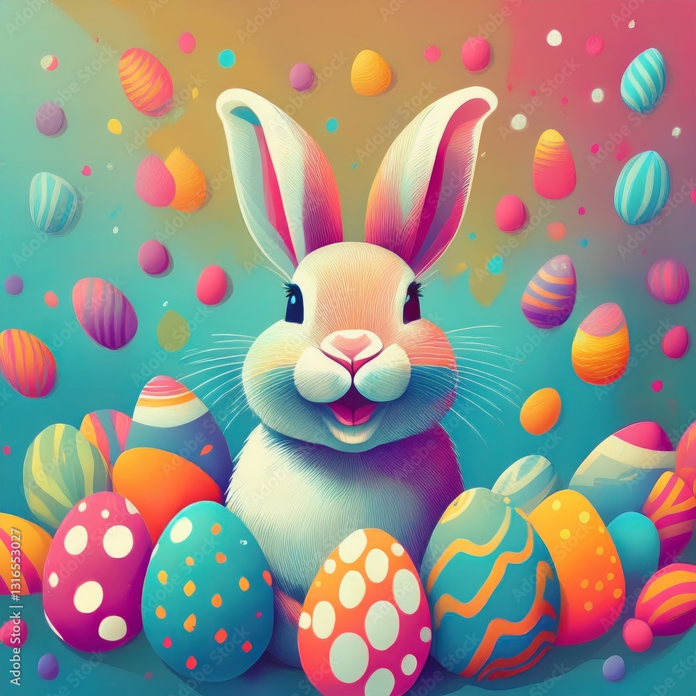 Happy Easter Bunny with many colorful easter eggs around Happy Easter Bunny with many colorful easter eggs around