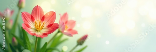 Colorful delicate flower in focus on white background, bloom, greenery, flower closeup