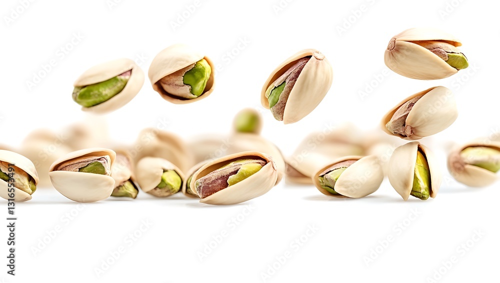 Delicious Pistachios Nuts Falling Isolated on White Background, Food Photography Delicious Pistachios Nuts Falling Isolated on White Background, Food Photography
