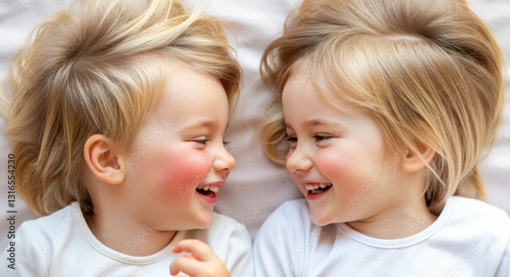 Blonde caucasian young children laughing together on bed Blonde caucasian young children laughing together on bed