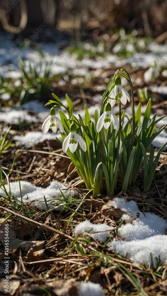 Obraz premium White fresh snowdrops first flowers delicate background. Celebrating of spring. Floral template. 