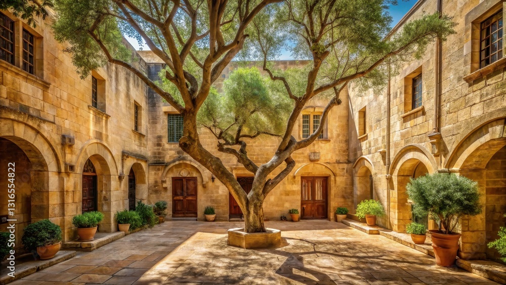 Fototapeta premium Sun-Drenched Courtyard with Ancient Tree and Stone Architecture A Serene Mediterranean Scene