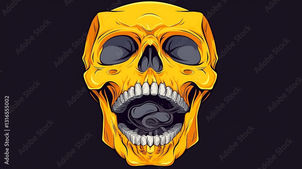 Fototapeta premium Golden Skull Digital Illustration: A Vibrant Dark Background Artwork AI Generated
