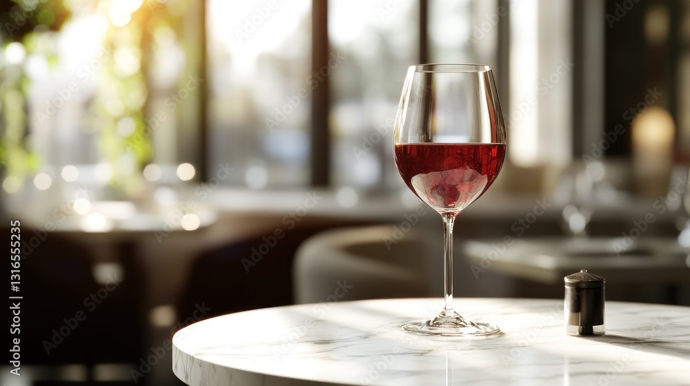 Elegant red wine glass on a marble table in a restaurant Elegant red wine glass on a marble table in a restaurant