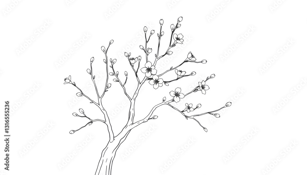 Branching tree with blossoms in an outline for coloring and copy space
