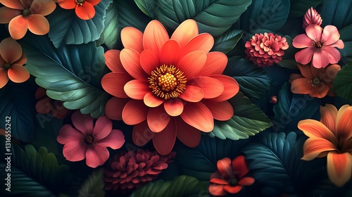 Captivating 3D Render of a Flower with Vibrant Leaves in a Lush Green Background for Celebrating Spring and Summer Occasions