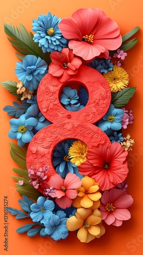 Beautiful and Meaningful Illustration of Number 8 with Floral Decorations for Women's Day Celebration with Ample Copy Space
