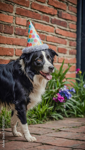 Border collie with a party hat against a brick wall background photo