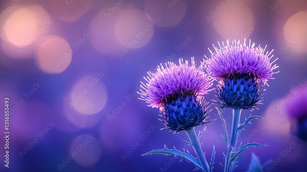 Elegant macro photography of two purple thistle flowers, perfect for botanical art, home decor, invitations, and serene nature themes. Elegant macro photography of two purple thistle flowers, perfect for botanical art, home decor, invitations, and serene nature themes.
