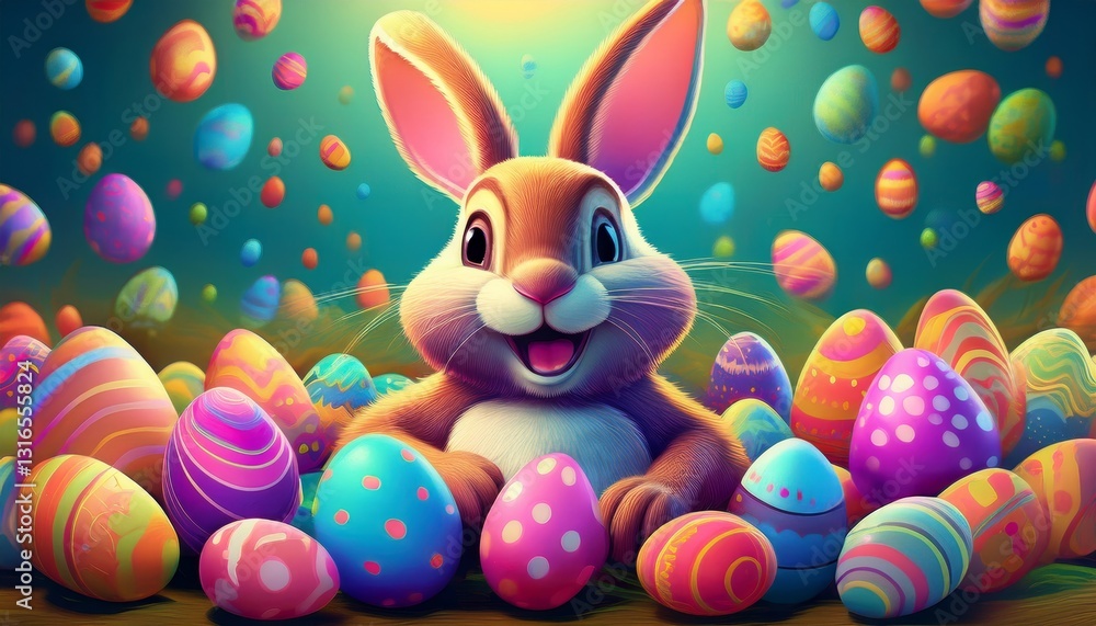Happy Easter Bunny with many colorful easter eggs around Happy Easter Bunny with many colorful easter eggs around