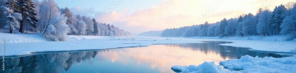 Fototapeta premium Frozen lake with crystalline ice shards and trees, lake, ice