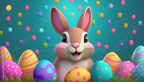 Happy Easter Bunny with many colorful easter eggs around
