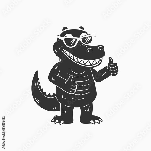 Crocodile or alligator giving thumbs up and winking Vector Hand Drawn Illustration Isolated On Transparent Background