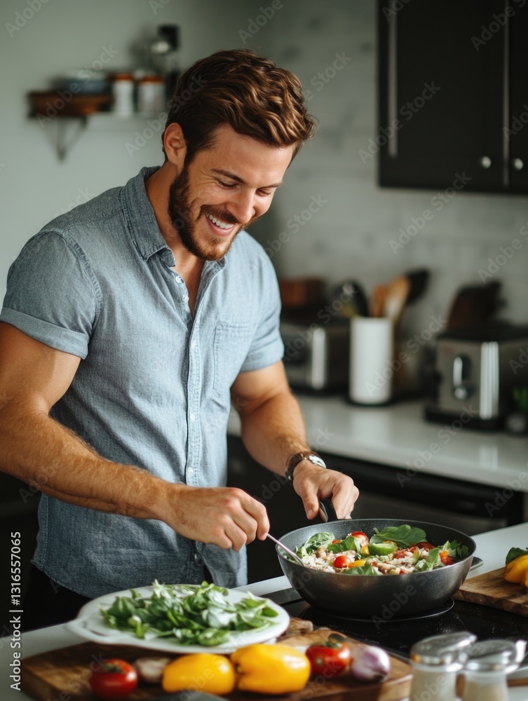 Cooking scene, man laughing while cooking vegetables with knife and pan. Cooking scene, man laughing while cooking vegetables with knife and pan.
