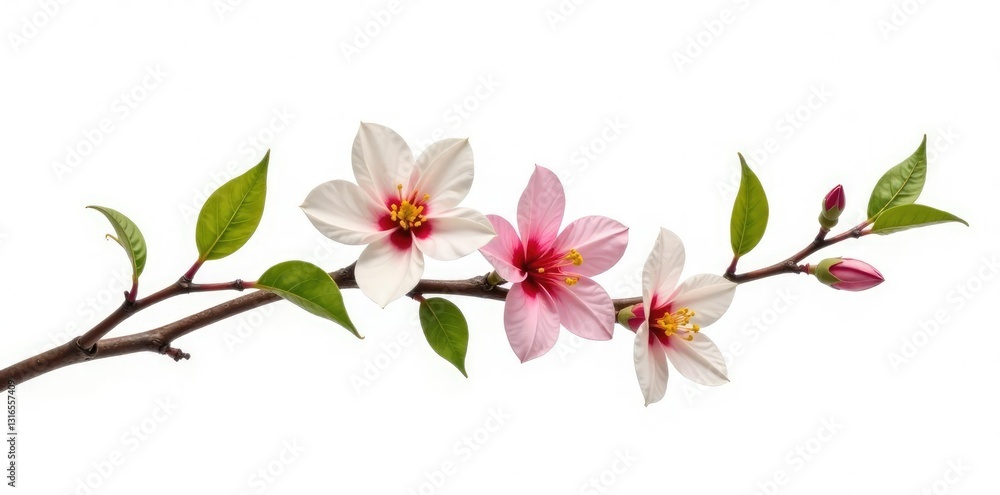 Obraz premium Long thin branch with leaves and flowers isolated on white, white, flowering