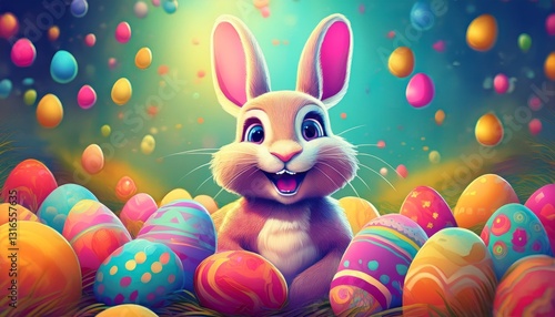 Wallpaper Mural Happy Easter Bunny with many colorful easter eggs around Torontodigital.ca