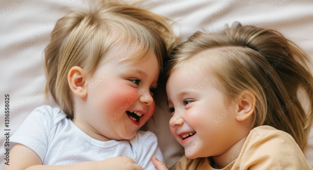 Joyful caucasian children smiling together on bed Joyful caucasian children smiling together on bed