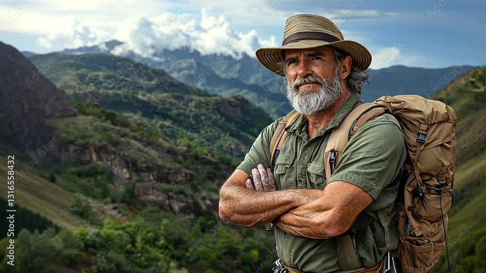 Experienced Adventurer in Majestic Mountain Landscape Experienced Adventurer in Majestic Mountain Landscape