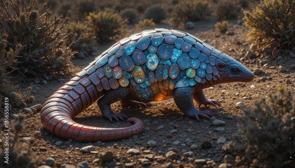 Pangolin scales glowing at sunset in arid landscape Digital art fantasy creature Pangolin scales glowing at sunset in arid landscape Digital art fantasy creature